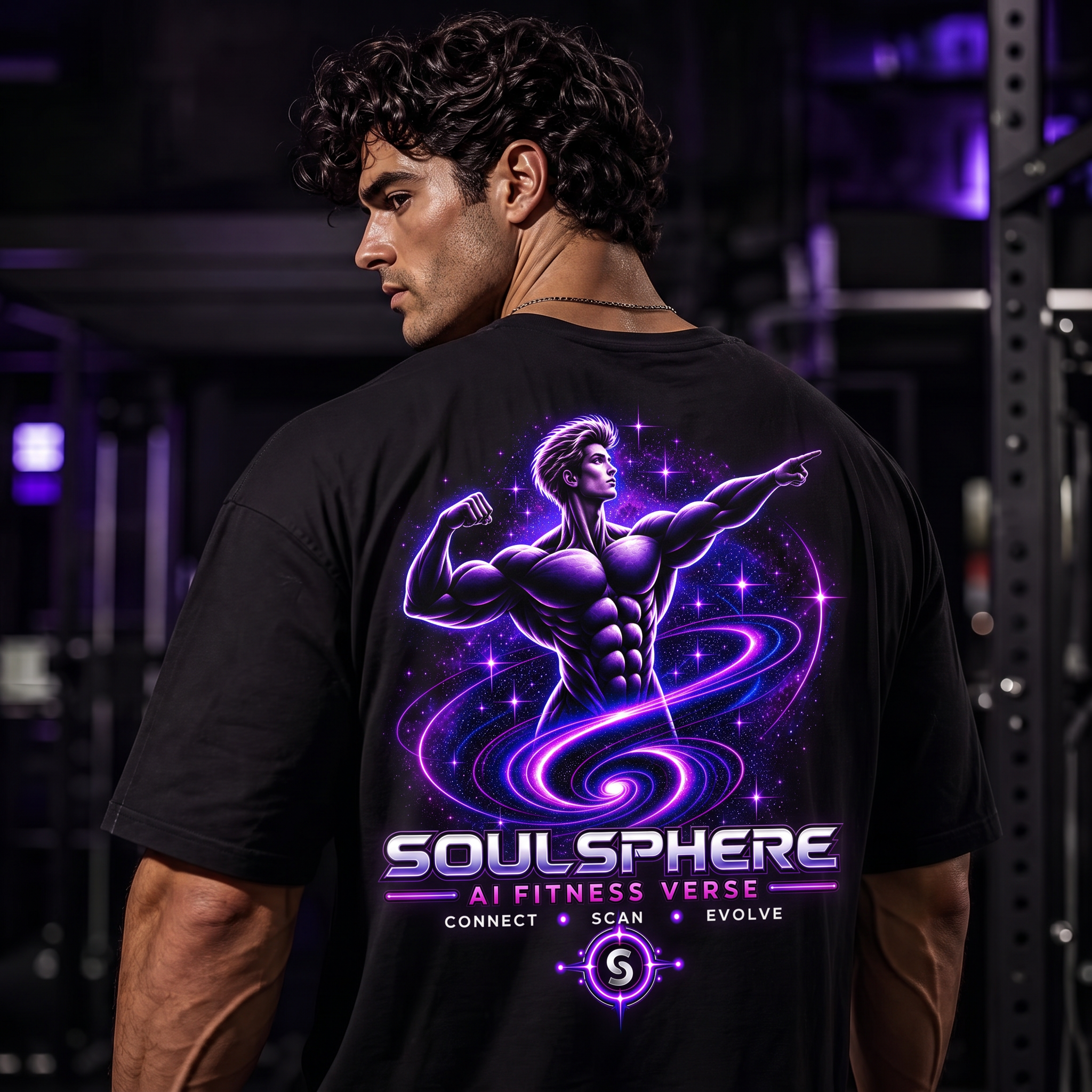 Model wearing the SOULSPHERE pump cover tee, cosmic violet back print, dark gym